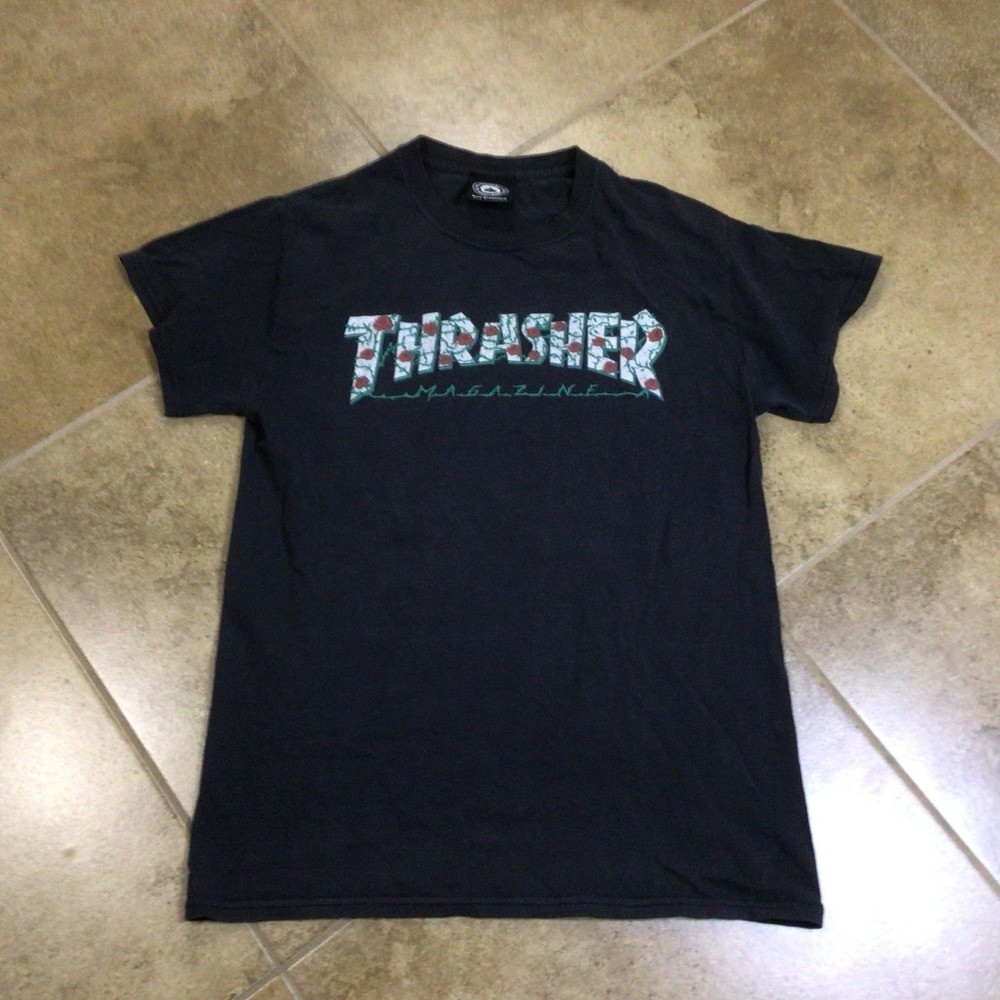 Thrasher Magazine T-Shirt Sz XS Roses And Thorns Logo Black Skateboarding